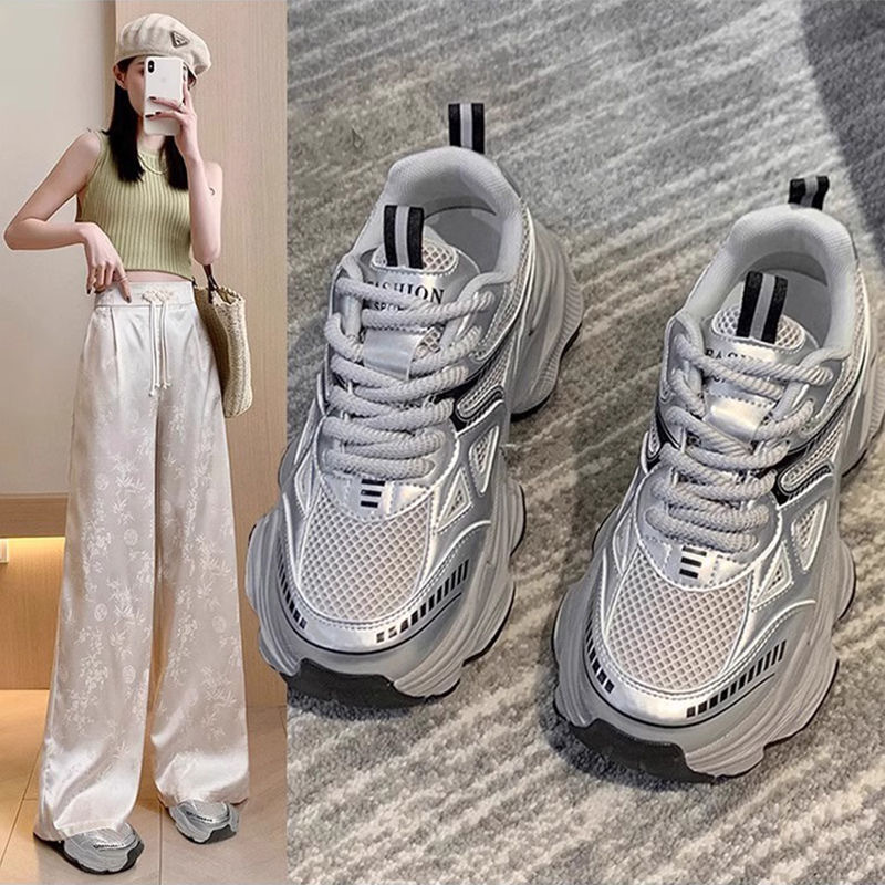 silver Torre Shoes Women's 2025 New Spring and Autumn Mesh Breathable Height-increasing Thick-soled Lightweight Casual Sports White Shoes