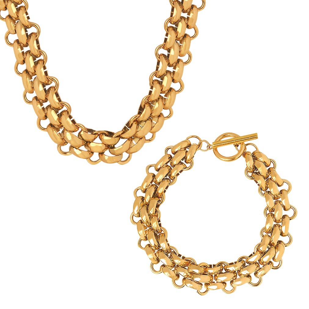 Cold Wind Exaggerated Trendy Cool Elegant Jewelry Set Buckle Design Thick Chain Personality Necklace Versatile Gold Plated Bracelet