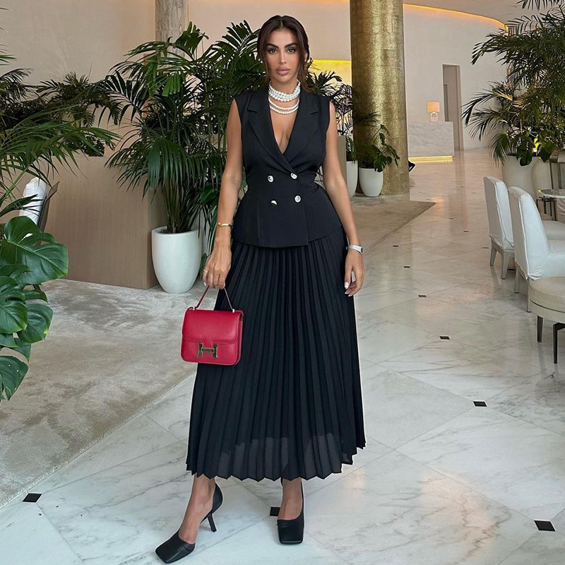 Middle East Fashion Skirt Women's Summer High-end Niche Design Double-breasted Sleeveless Top Skirt Women's Suit