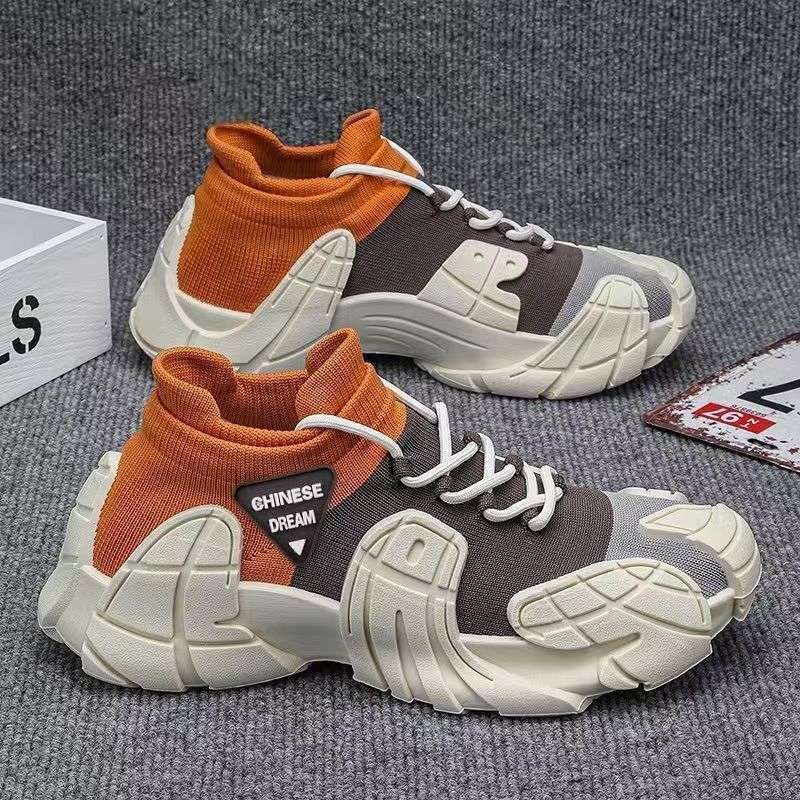 Cross-Border Men's Shoes New Thick-Soled Lightweight Fly-Knit Socks Casual Shoes Youth Fashion Color Matching Sports Shoes for Men