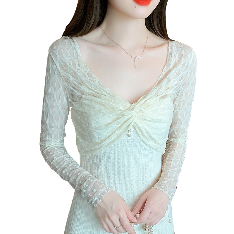 Picture of Short sun protection blouse for women Spring with suspender skirt outer wear thin shawl long sleeve see-through lace mesh top