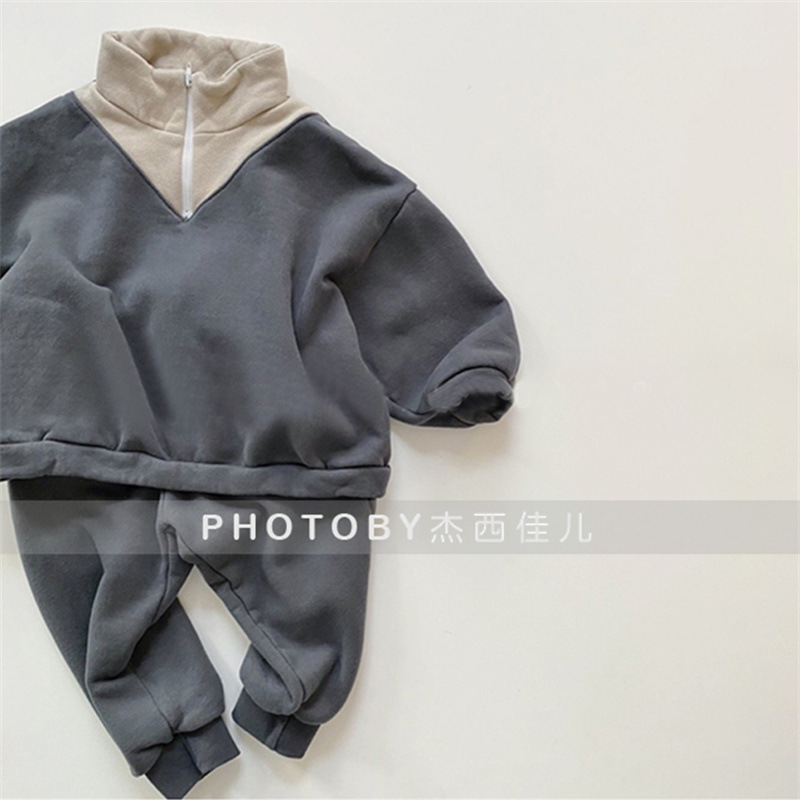 Ins Korean Style Children's Wear suit Winter New Men's and Women's Children's Splicing Half-Zipper Casual Fleece Sweat Two-Piece Set