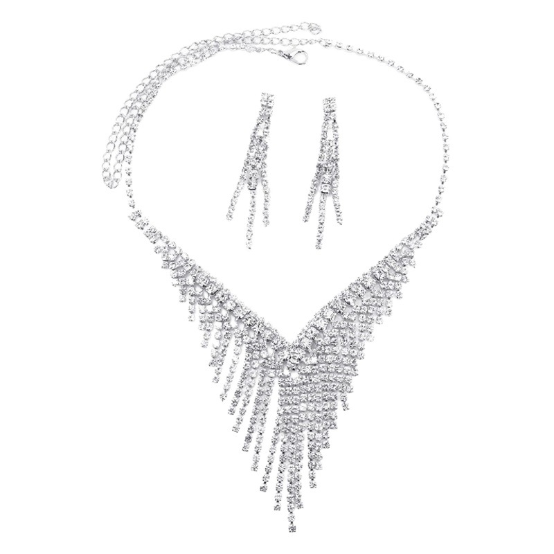 Picture of South Korea Metal Claw Chain Rhinestone Wedding Necklace Bride Necklace Ear Drop Jewelry Banquet Necklace Jewelry suit Wholesale