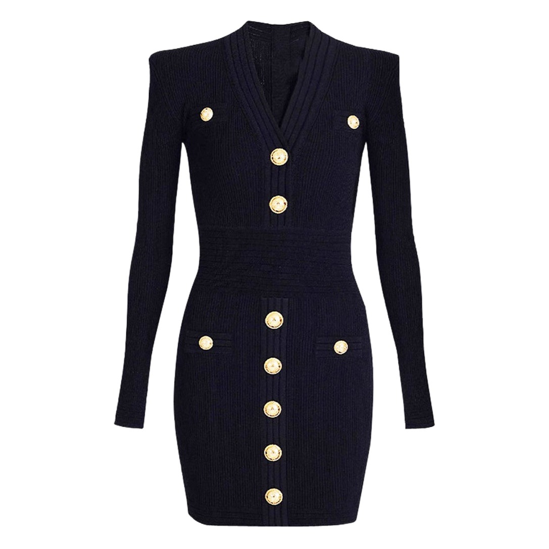 23 Fall/Winter Bajia Fashion Socialite Yujie Goddess Metal Buckle V-Neck Black Slim Knitted dress