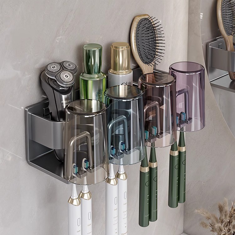 Picture of Toothbrush Storage Rack Non-Punch Brush Cup Mouthwash Cup Rack Wall-Mounted Bathroom Household Toothware Hanger