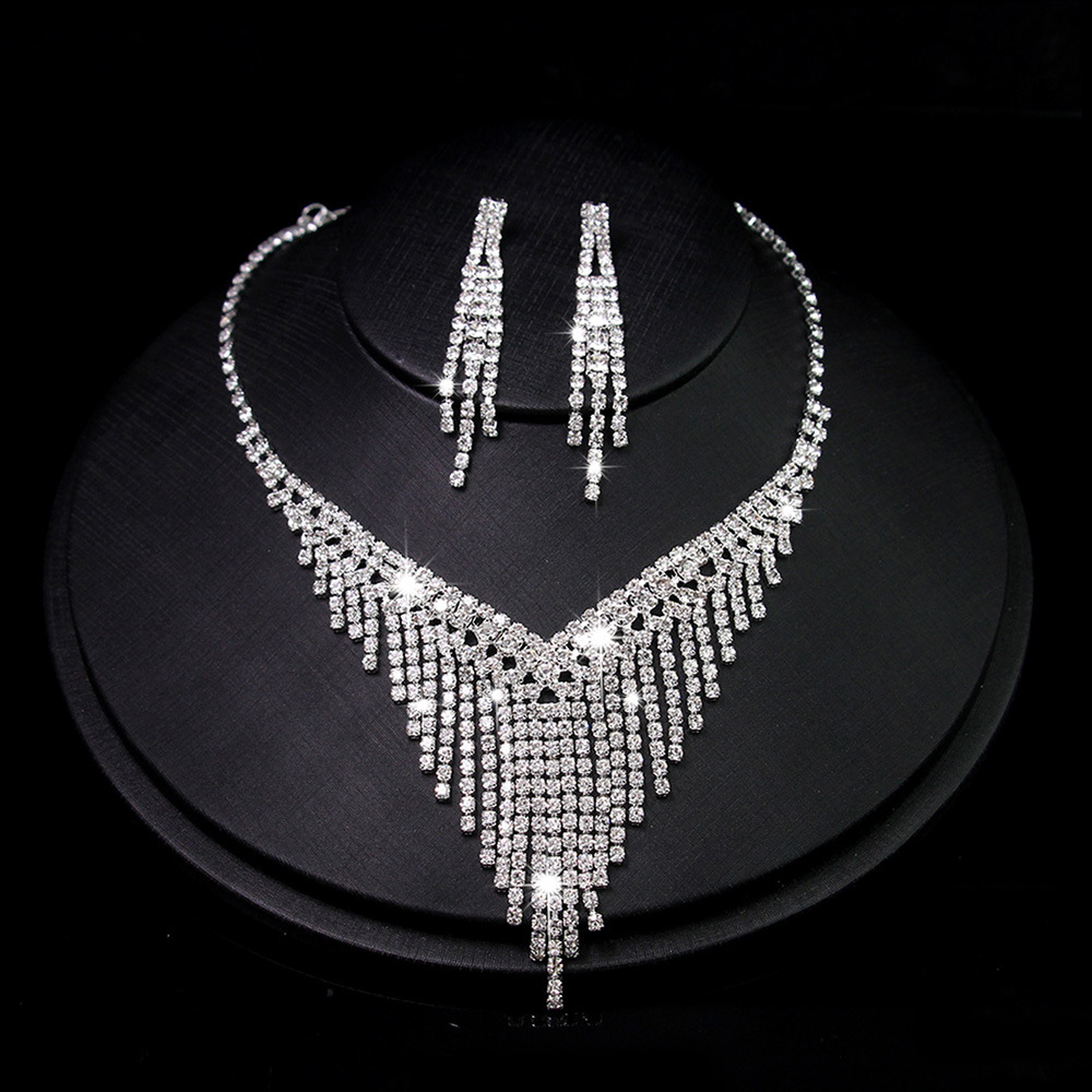 Picture of South Korea Metal Claw Chain Rhinestone Wedding Necklace Bride Necklace Ear Drop Jewelry Banquet Necklace Jewelry suit Wholesale