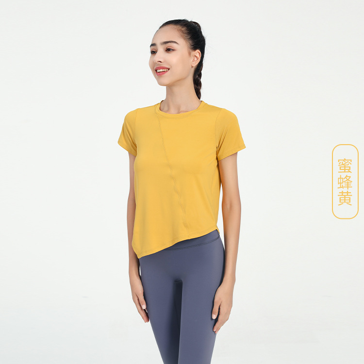Picture of Big Sale Summer Loose Fitness Sports Short-Sleeved Women's T-Shirt European and American Pure Color Quick-Drying Asymmetrical Yoga Top Cover-Up