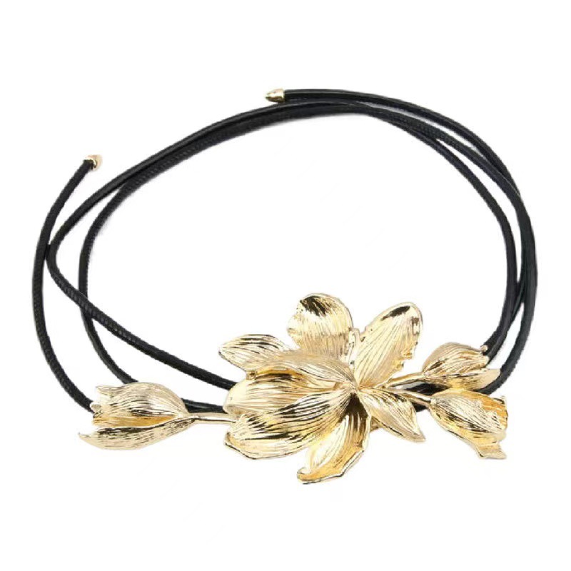 Picture of European and American Retro Golden Tulip Flower Belt Women's Personality Exaggerated Black Leather Rope Skirt Pants Decorative Waist Chain