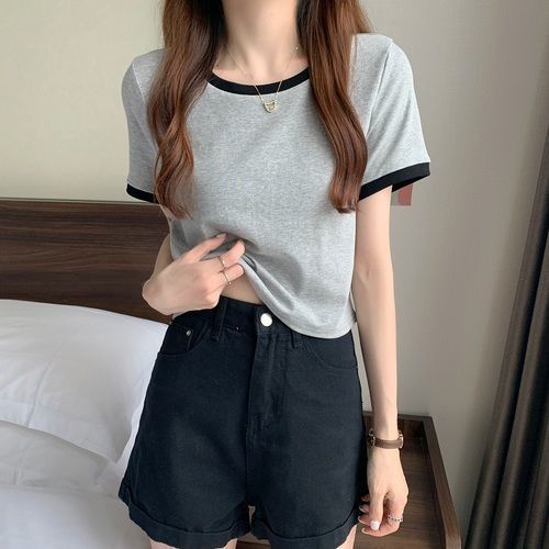 Picture of Contrast Color Round Neck Short Sleeve T-Shirt Women's 2025 New Summer Base Shirt Korean Style Slim Fit Short Student Top Trendy