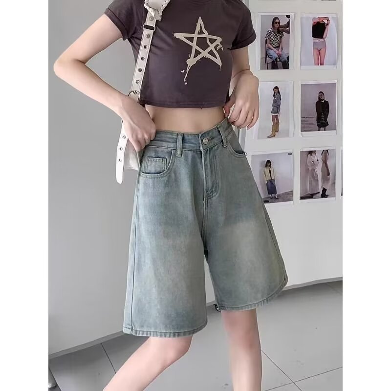Blue Mid-length Pants Women's Vintage Washed Jeans Summer High Waist Straight Pants Loose Wide-leg Pants Short Pants