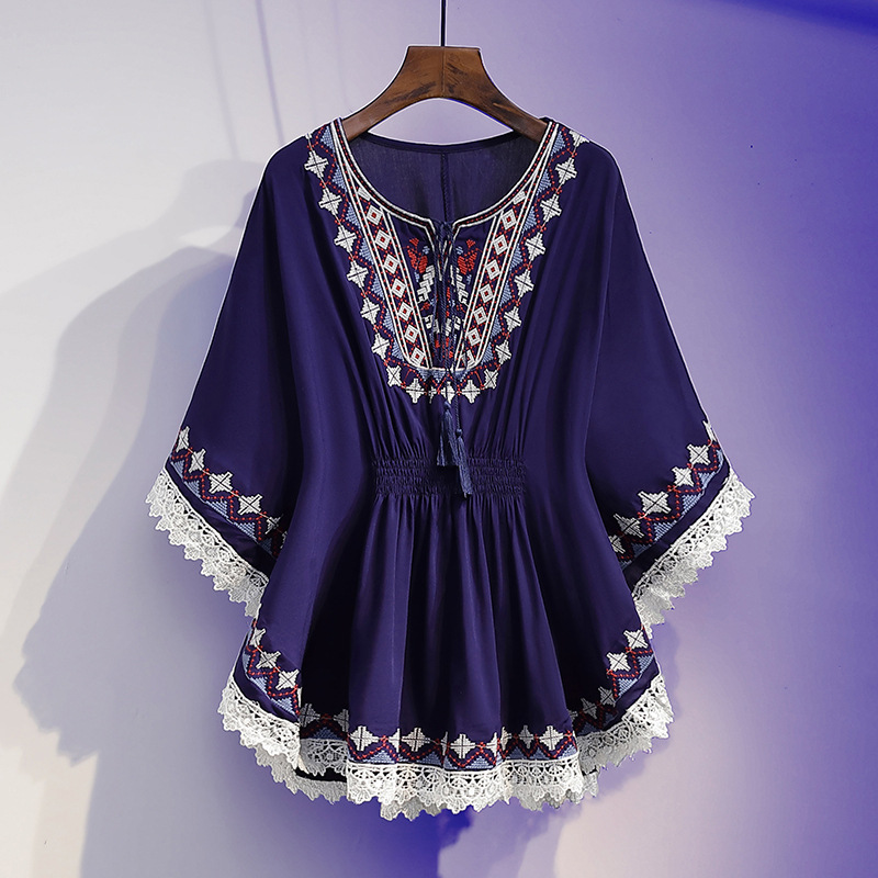 Picture of Summer fashion retro slimming top women's clothing fashionable age-reducing printed half sleeve round neck chiffon shirt top women's clothing