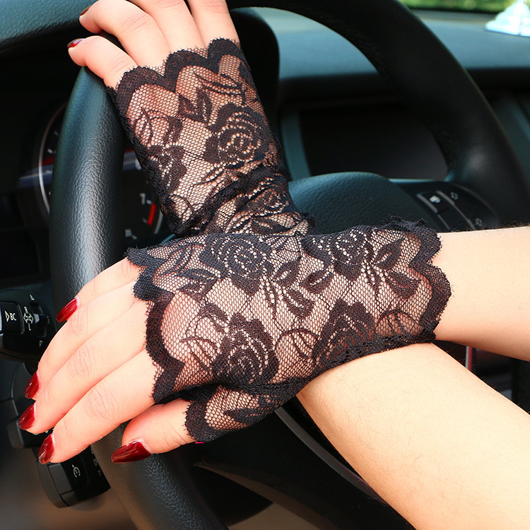 Summer Women's Thin Lace Half Finger Sun Protection Gloves Black Short Outdoor Scar Covering Tattoo Driving UV Protection