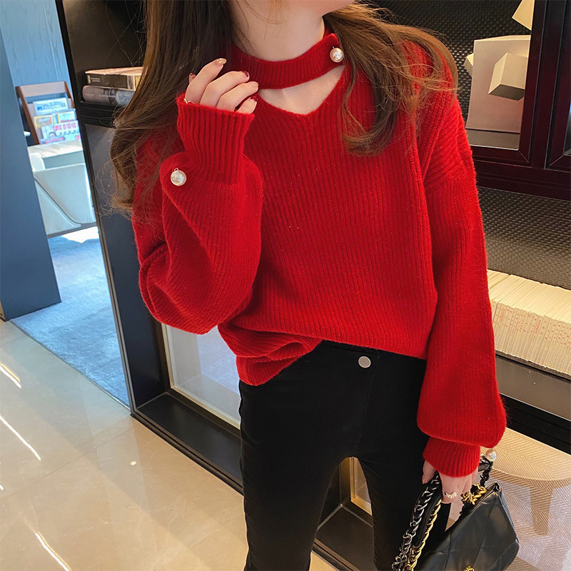Picture of Design Sense Niche Sweater Women's 2024 Autumn and Winter New Loose Korean Style V-neck Pink Hollow Sweater Top