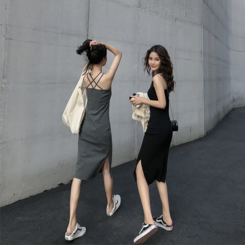 Milk Silk Mid-Length Suspbottomer Dress, Slim and Sexy Summer Women's Slit, Slimming Look Inner Skirt