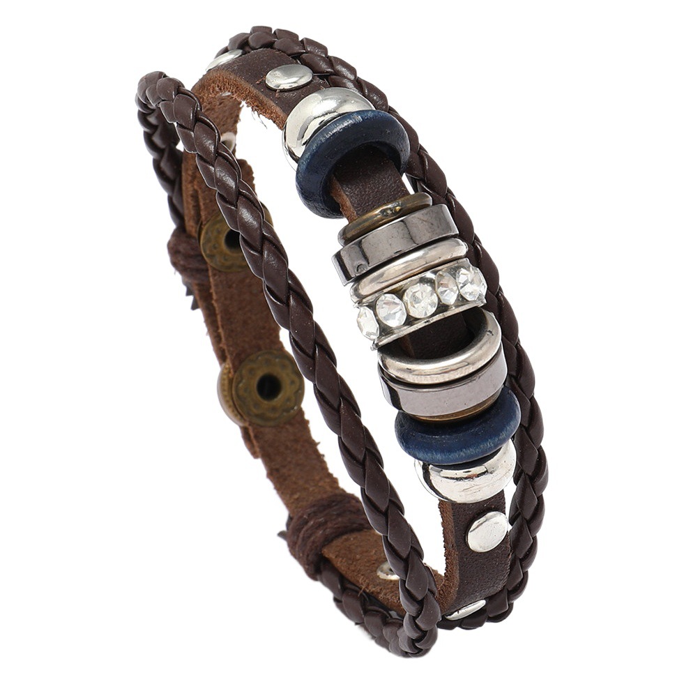 Europe and the United States popular retro beaded bracelet four buckle drill ring men's leather jewelry bracelet factory outlet