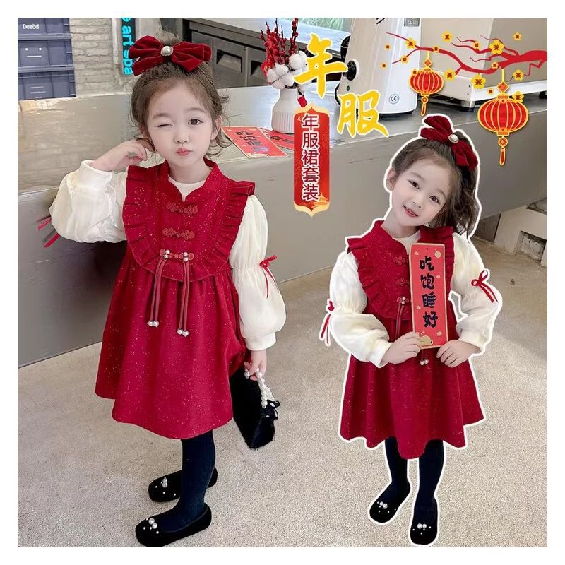 Female. Children's fleece-lined buckle dress 2024 autumn and winter new 1 childhood dress skirt female baby Korean princess skirt