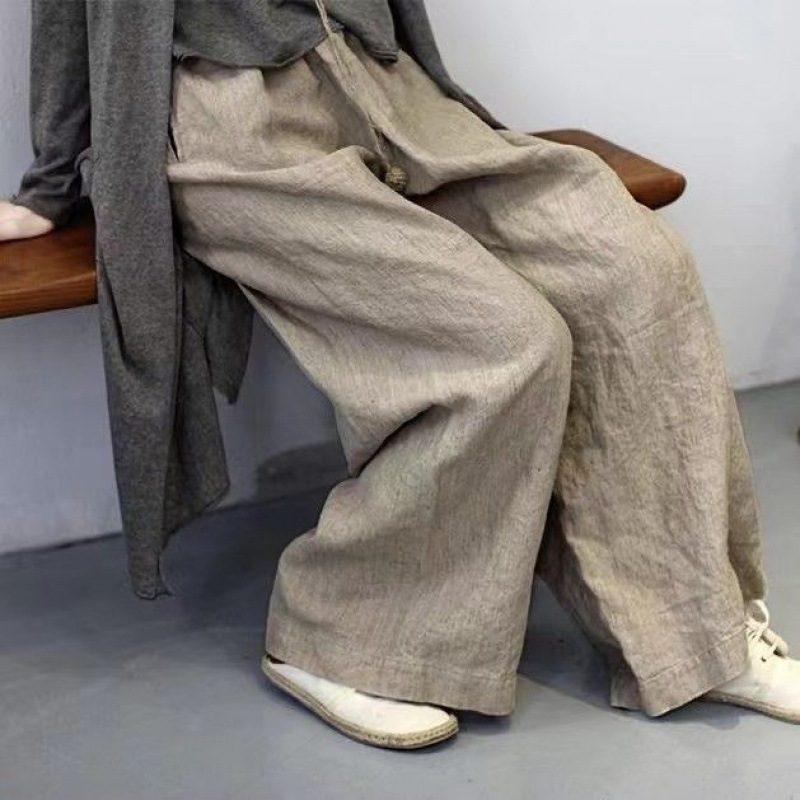 Wide-leg pants women's 2025 spring and summer literary plus size elastic waist slimming straight pants solid color all-match casual pants