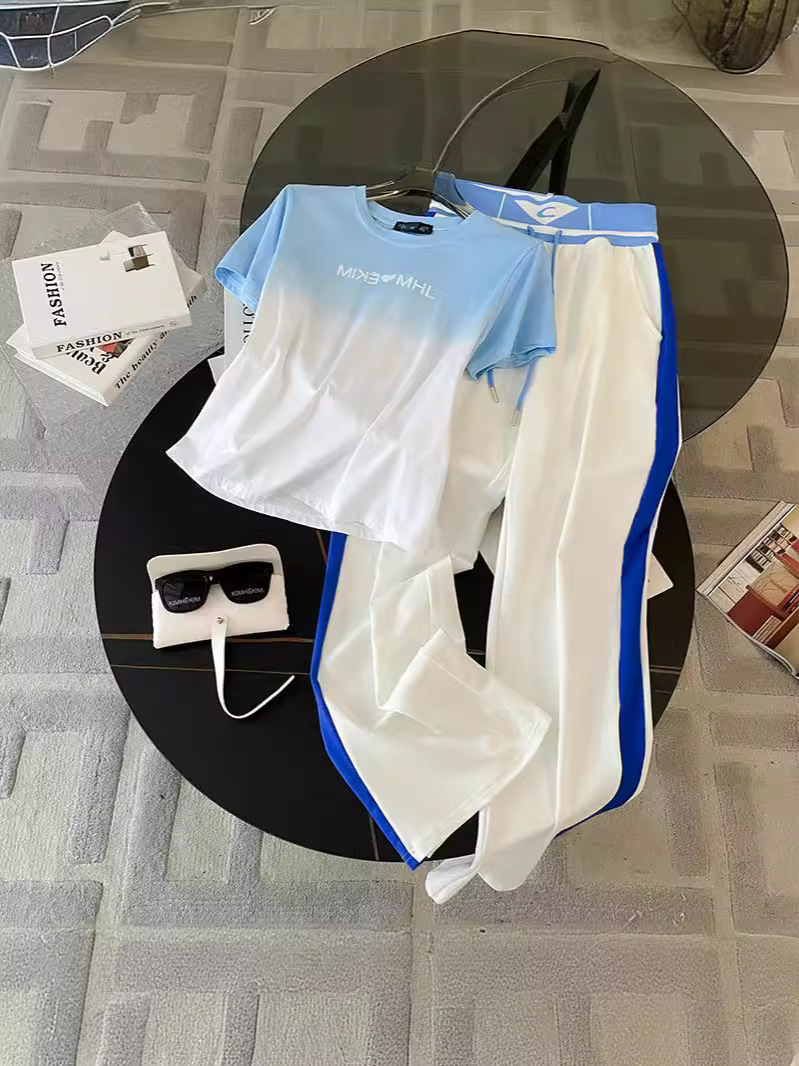 Sports Leisure suit Women's Street Slim-fit Short T-shirt Women's Fashion Color-contrast High-end Atmospheric Elegant Wide-leg Pants