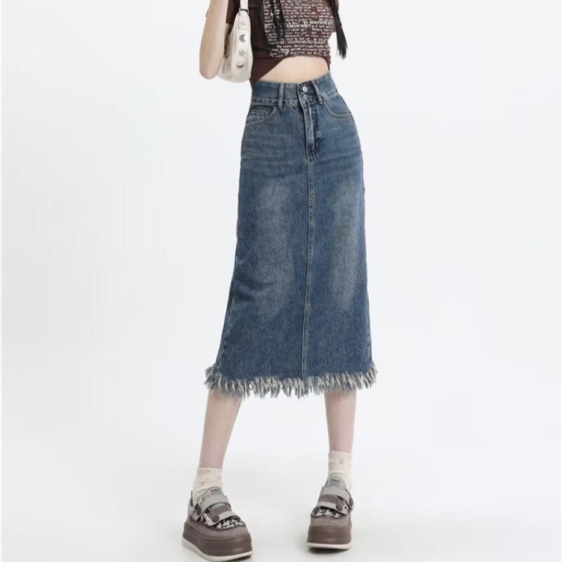 Vintage High Waist Tassel Edge Denim Skirt Women's Mid-length Elegant Hot Girl High Split Fringe A- line Skirt for Summer