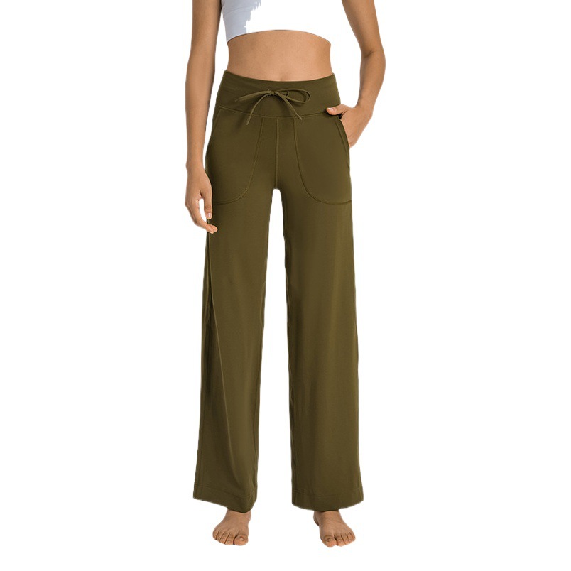Cross-border New Double 6 Nylon High Waist Straight Leg Pants Loose Comfortable Belt Loose Casual Sports Yoga Pants for Women DL336