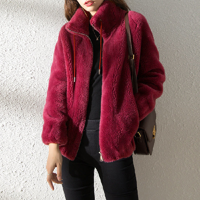 Picture of Women's Winter Outwear Fleece-Lined Thickeneded Double-Sided Coral Velvet Stand-Up Collar Warm Sweatshirt Elegant Cardigan Zipper Fleece Top