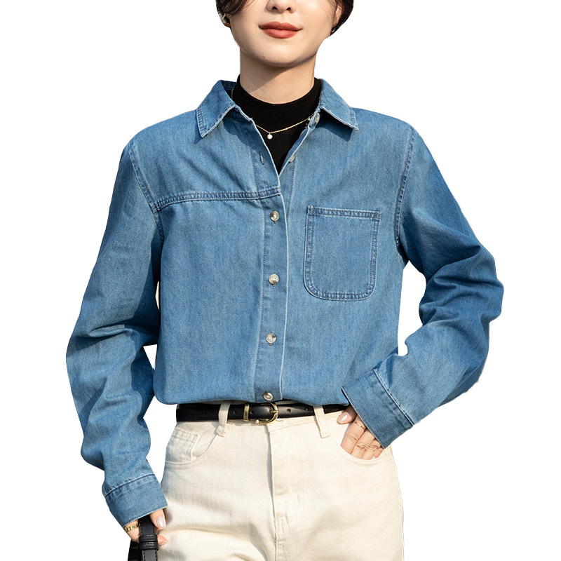 Picture of Denim Shirt Women's Inner Wear Spring New Design Sense Blue Jacket Wide Loose Shoulder Stacked French Shirt Long Sleeve