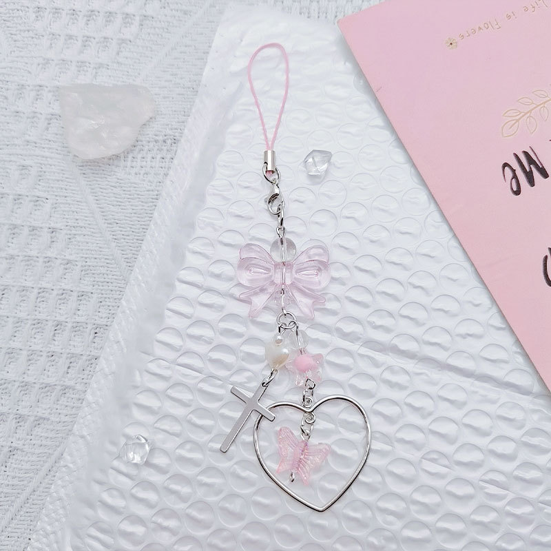 Picture of Japanese and Korean Style ins Harajuku Beaded Gooben Chain Card Book Hanging Chain Pink Style Girl's Heart Bow Love Mobile Phone Chain