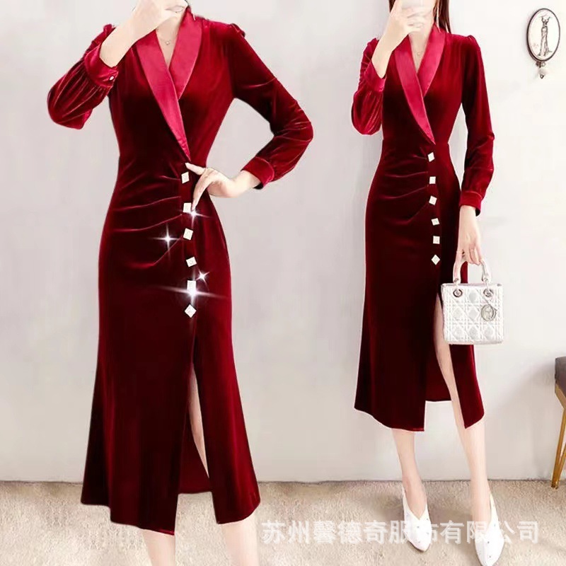 Evening Dress New Spring and Autumn Women's Red Gold Velvet Dress High-end Light Luxury Elegant Sexy Long Hip Dress