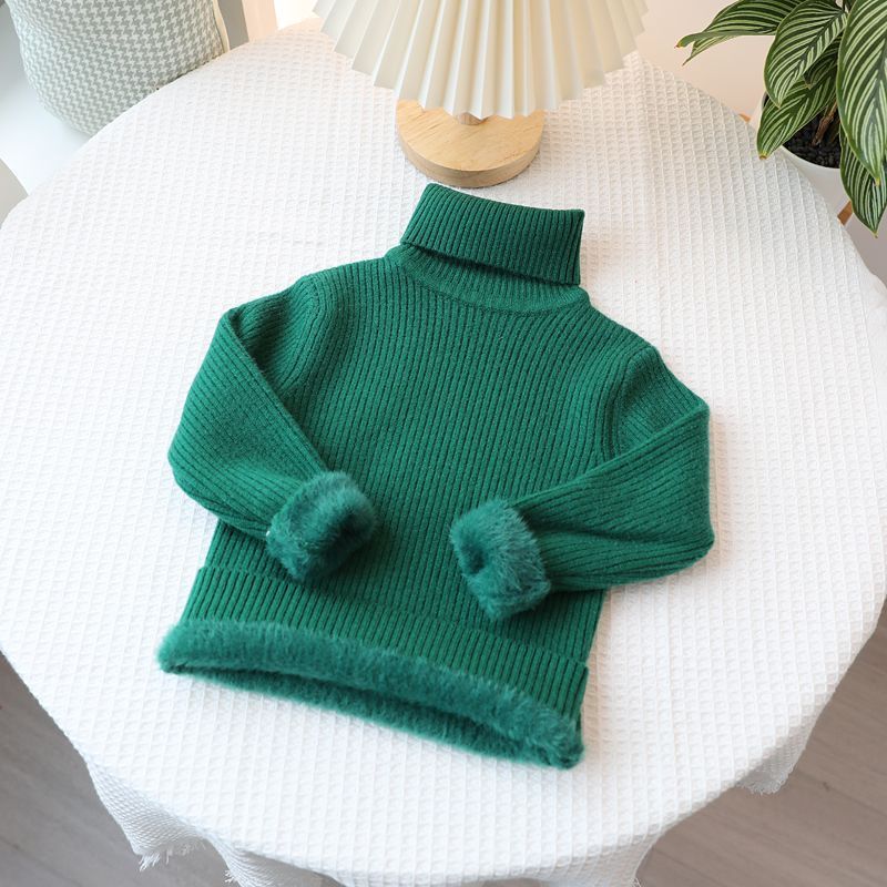 Picture of [in stock boys' one-piece velvet sweater children's semi-turtleneck sweater girls white fleece-lined thickened wool low