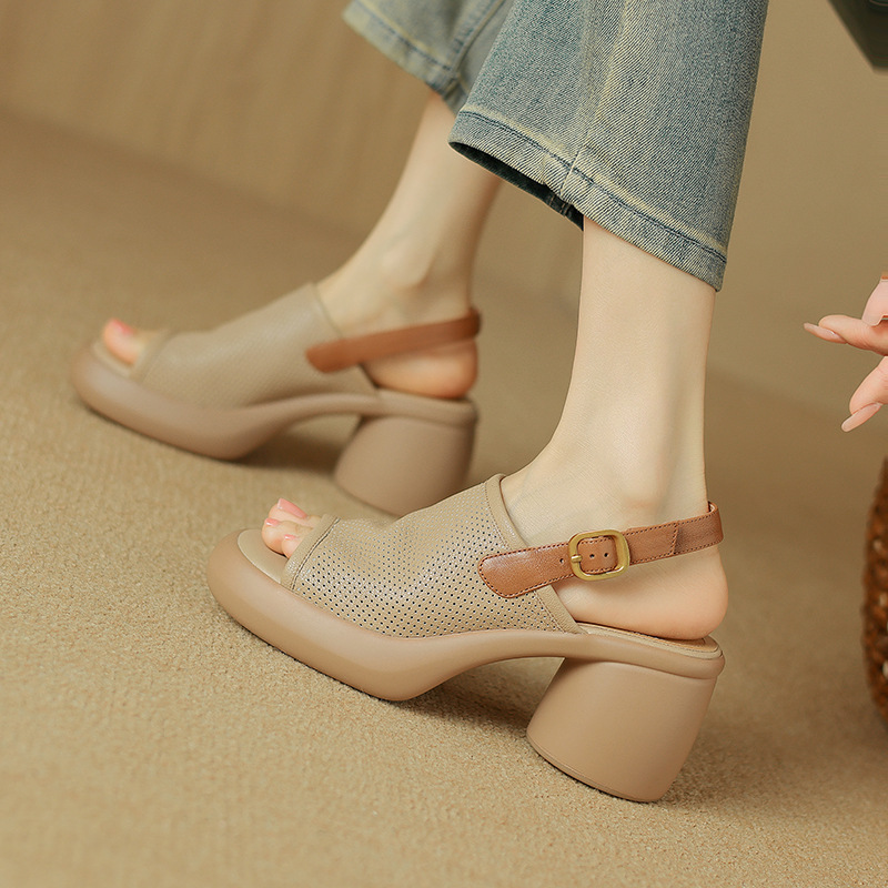 Stomp Feeling Genuine Leather Roman Sandals Women's 2024 New Summer Women's Shoes Fish Mouth Platform Shoes Thick Heel High Heels