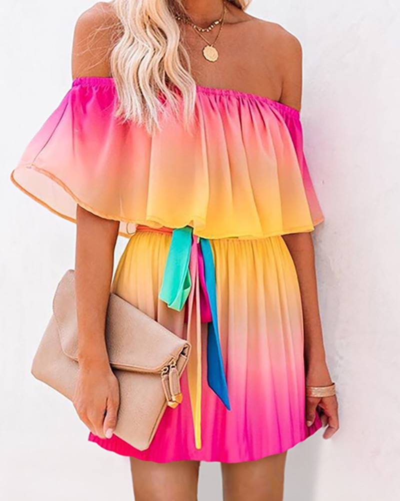 Picture of 2025 Summer Export New Wish Style Rainbow Gradient Dress Amazon Ebay One-Line Collar Cross-Border Dress