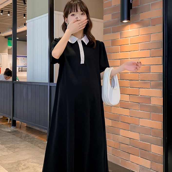 Maternity dress dress 2023 pregnant women's summer mid-length dress lapel loose slimming sweater dress women's skirt