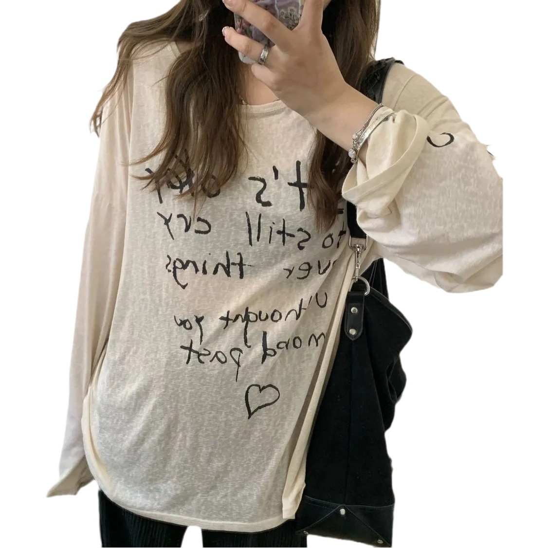 2024 Summer New Style Foreign-style Air Conditioning Sunscreen Blouse Korean Style Loose Slimming T-shirt Women's Loose Shoulder Shirt with Love Printing