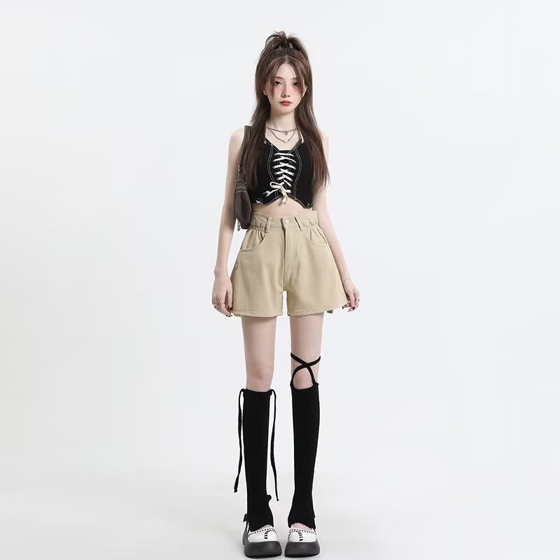 khaki High Waist Denim Shorts Women's Flanging Design Sense Slim Look Summer New Arrival Wide Leg A- shaped Outer Wearing Hot Pants Trendy
