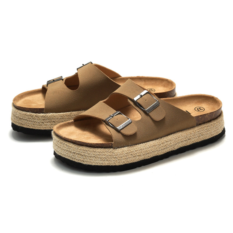 RUIZUSTOCK Summer New Women's Cork Slippers Platform Women's Beach Sandals and Slippers Woven Frosted Double Buckle