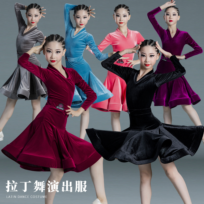Picture of 2022 New Children's Latin Dance Dress Girls' Dance Practice Costume Girls' Online Popular Autumn and Winter Latin Competition Grade Examination