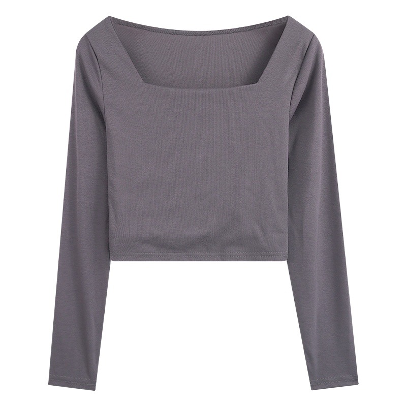 Long Sleeve T-Shirt Women's Square Collar New Design Hot Girl Short Square Collar French Tight Slimming Hot Girl Top for Women