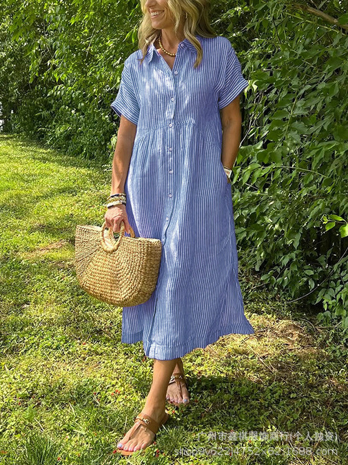 European and American Cross-Border Loose Striped Short-Sleeved Shirt Dress Women's Summer New Casual Mid-Length Skirt in Large Quantities in Stock
