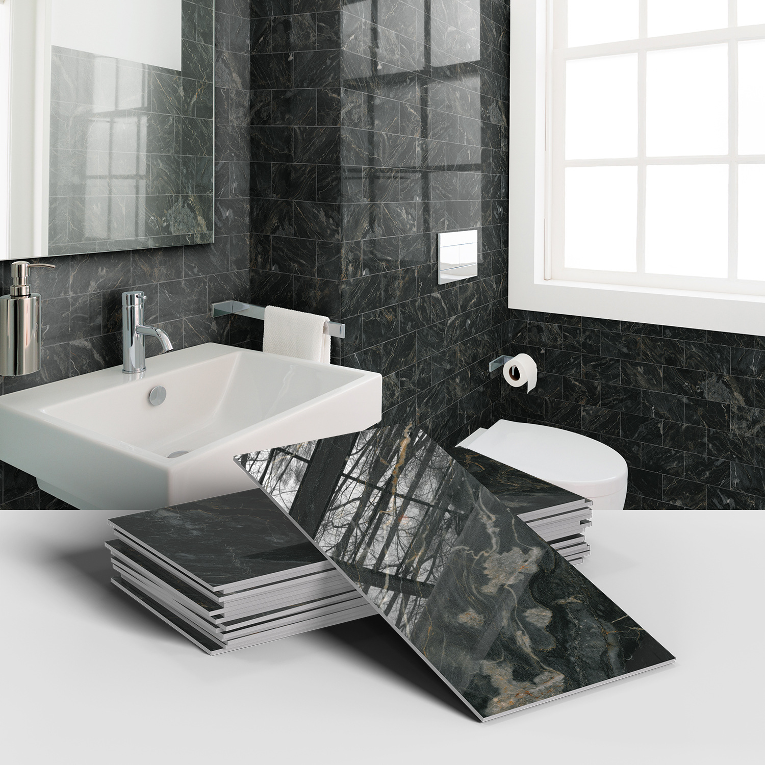 Picture of Crystal Marble Tile Wall Stickers Thickened PET Waterproof Self-adhesive Wallpaper for Kitchen Living Room Wall Decoration Cross Border