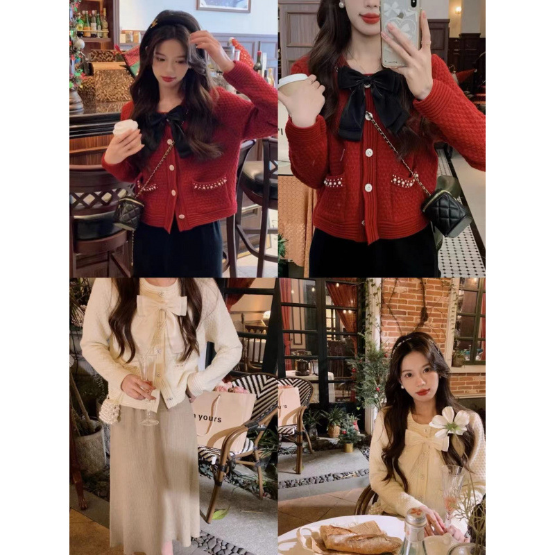 Xiao Xiang Style Bow Bead Knitted Sweater Cardigan Early Spring and Autumn New Year Red Holiday Girl Knitted Top