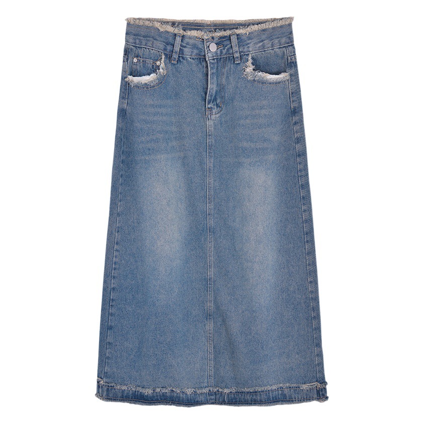 Spring and Autumn Korean style straight denim skirt for women ins style casual Internet celebrity frayed retro A- line sheath midi skirt
