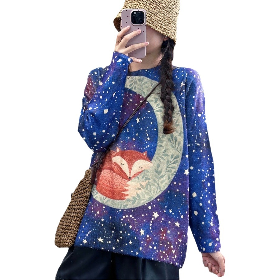 Mink Velvet Knitted Sweater for Women 2024 Autumn and Winter New Moon Fox Printed and Dyed Loose Round Neck Pullover Versatile Women's Model