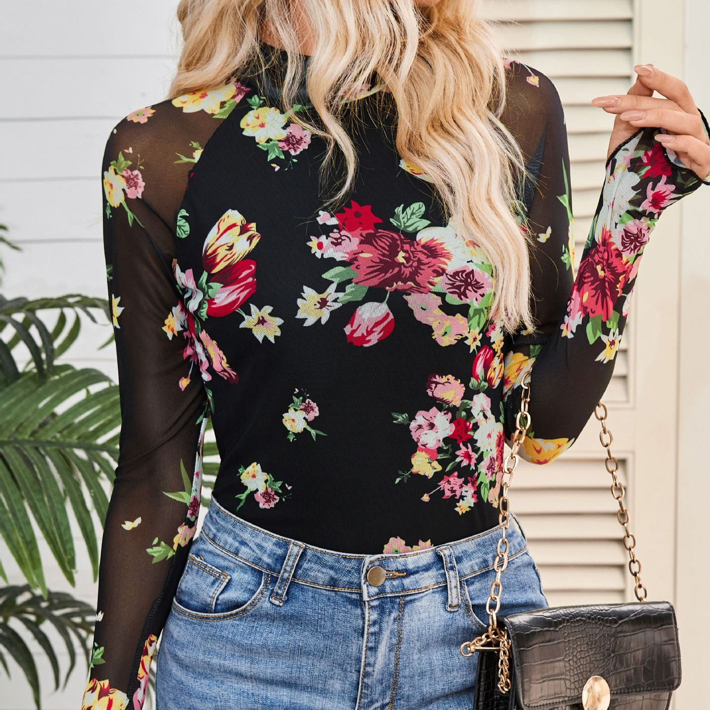 Picture of Cross-border European and American Amazon TK2025 Explosions Turtleneck Long Sleeve Lace Flower Mesh Base Shirt T-shirt for Women