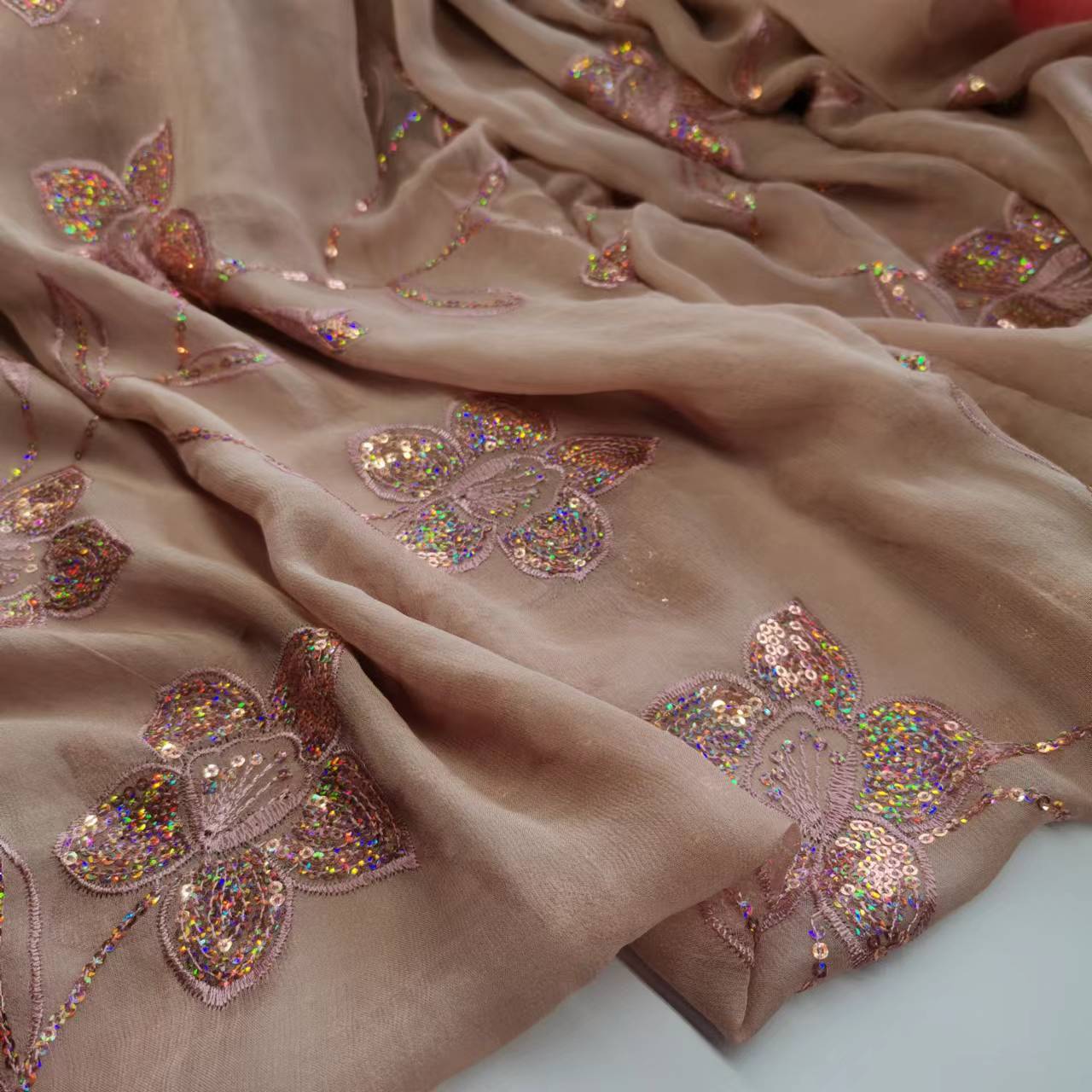 100 Silk Joki 8 Mm Embroidered Sequin Fabric Fashion Scarf Dress Fabric