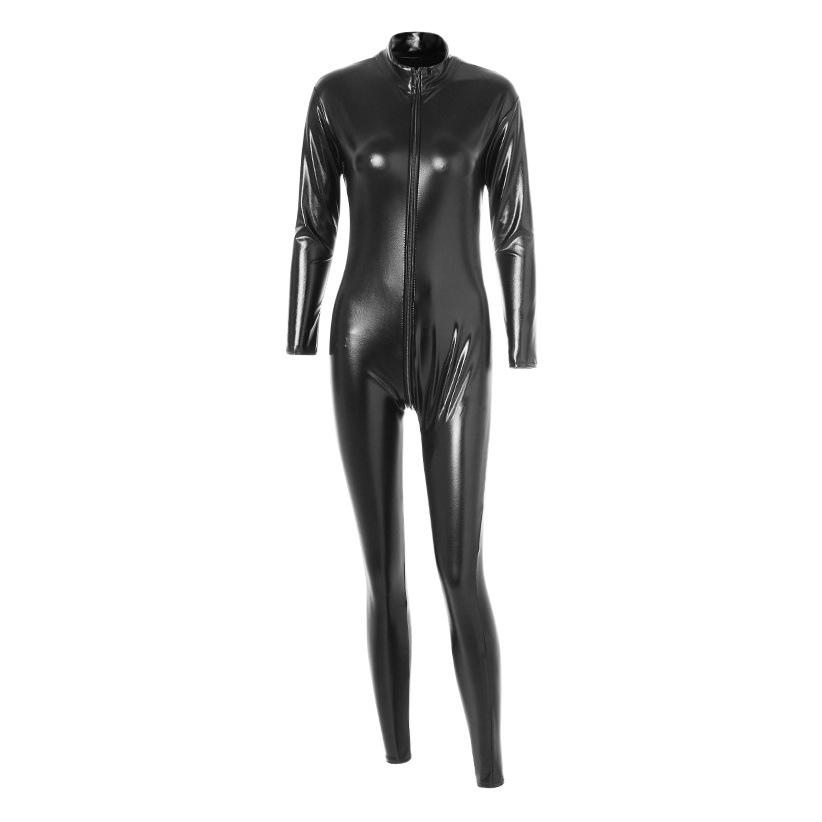 Fun underwear temptation conjoined open crotch leather full body long sleeve full leg patent leather zipper conjoined tight factory wholesale
