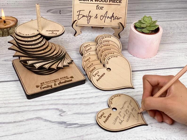 Heart-shaped wooden wedding party sign-in album country wedding carved guest book sign personalized decoration