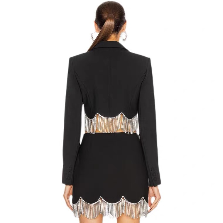 Picture of 2022 new AliExpress women's heavy industry tassel diamond chain Black suit two-piece sexy small jacket + skirt