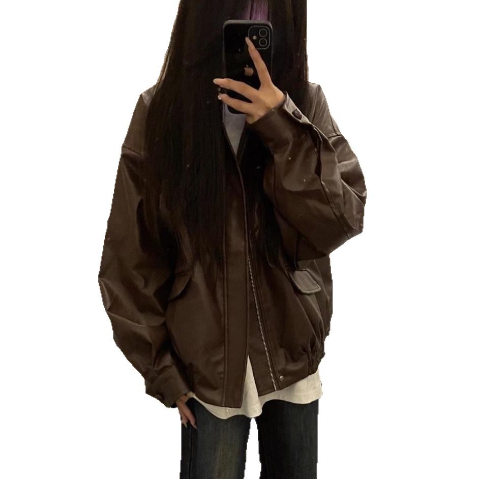 Picture of American Style High Street Vibe Style Coat Leather Jacket Women's Spring and Autumn Korean Style Laid-back Harajuku Loose PU Leather Biker Fashion