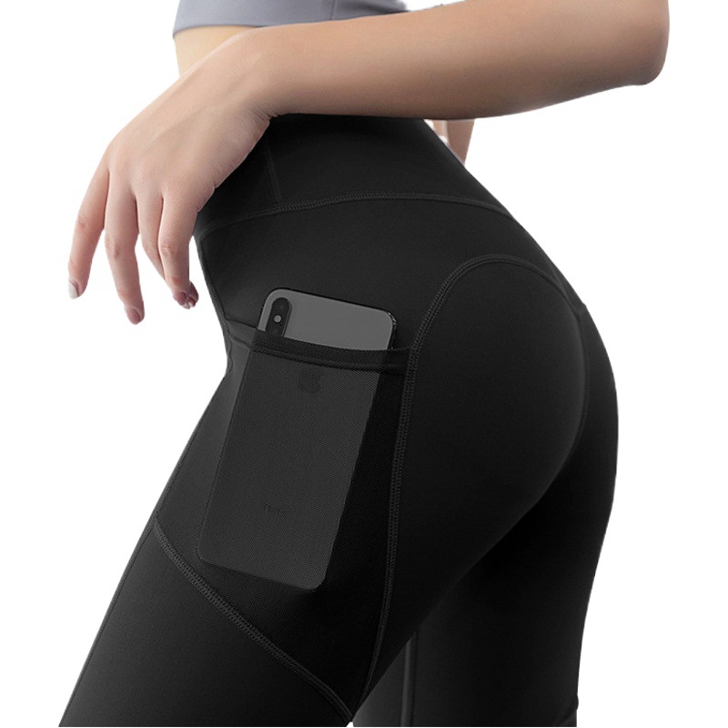 Ju Yi Tang European and American Yoga Pants Women's Tight Hip High Waist Mesh Side Pocket Running Sports Fitness Pants