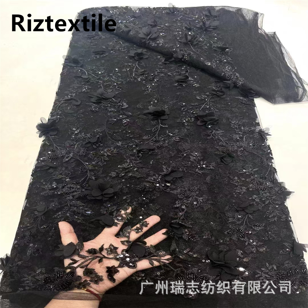 Black Mesh Lace Fabric Heavy Industry Bead Stereo Flower Embroidery Dress Sequins DIY Clothing Cloth sequins